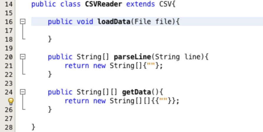 CSVReader with method structure and no compile errors.