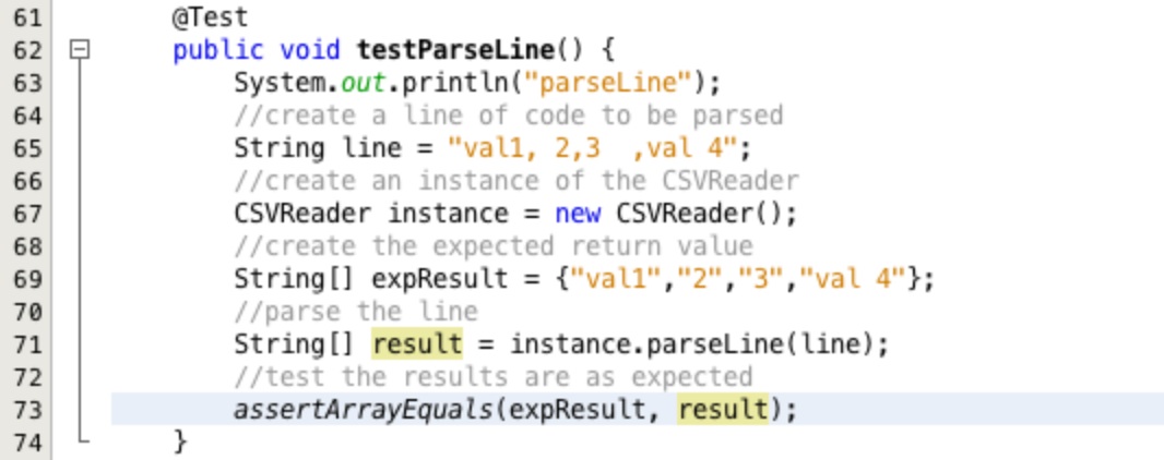 Test for parseLine created