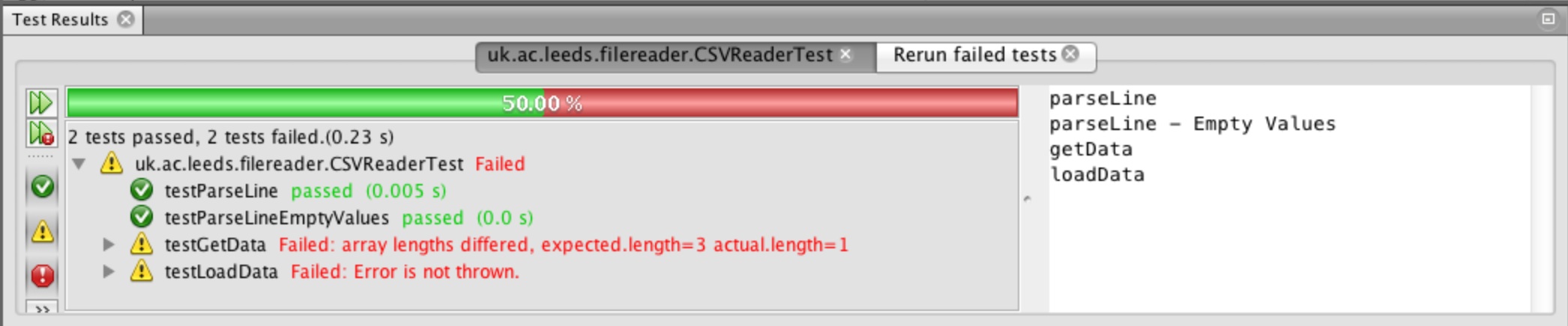 Test results for alterations to the parseLine method