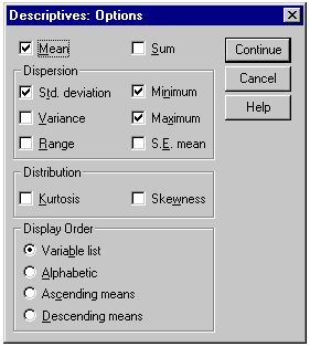 Screenshot of options box: Analyse > Descriptive Statistics > Descriptives