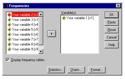 Screenshot of dialog box: Analyze > Descriptive Statistics > Frequencies...