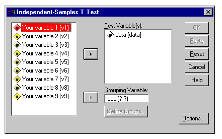 Screenshot of dialog box: Analyze > Compare Means > Independent-Samples T Test...