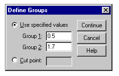 Screenshot of dialog box: Analyze > Compare Means > Independent-Samples T Test... > Define Groups...