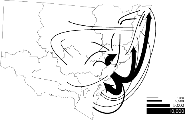 [Map of migration flows in New South Wales, 1995-6]